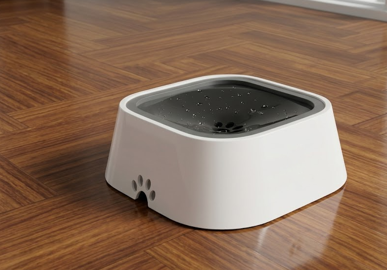 Hydra anti-spill pet water bowl resting on a rug in a living room